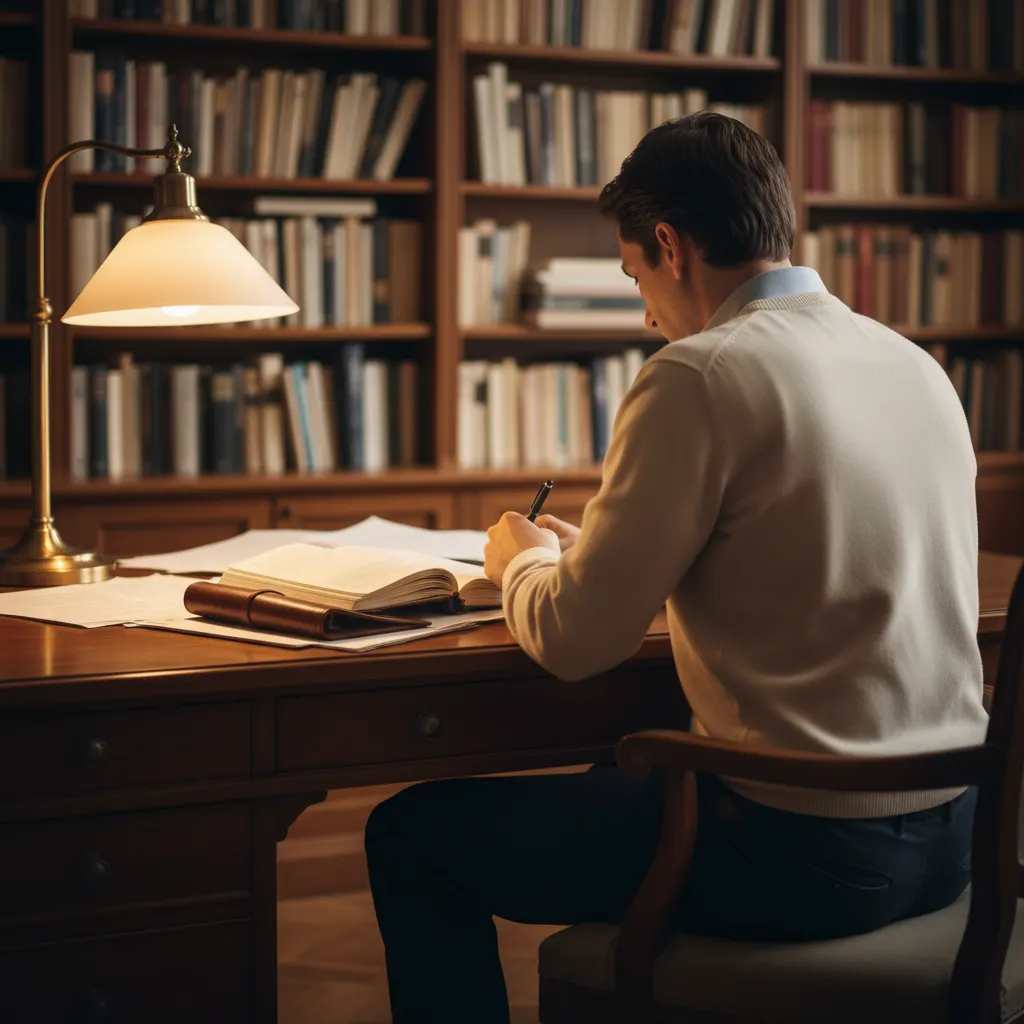 Redacteur van achteren aan een bureau in een warme kantooromgeving